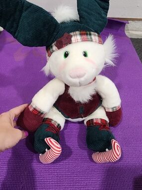 Plush Holiday Bunny in Green & Burgundy Corduroy Applause